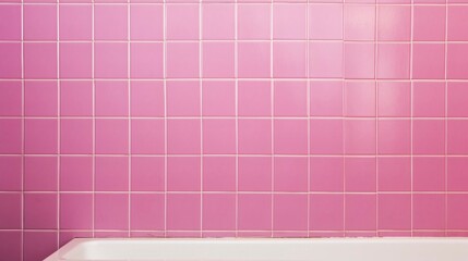 Wall Mural - Pink ceramic tile wall and white bathtub in bathroom interior background.