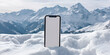 Winter advertising smartphone mock-up with a white screen, Smartphone mock-up laying in snow on mountains background. The present concept for St.Valentine's day.