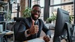 © ZinaZaval - an attractive young man flashes a thumbs-up gesture at his office desk in the bustling, creating an inspiring image that embodies the fast-paced lifestyle and ambition of the city