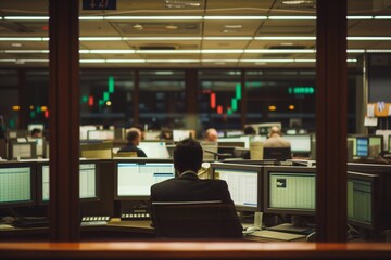 Wall Mural - A businessman gazes across a busy trading floor, monitors display dynamic financial data