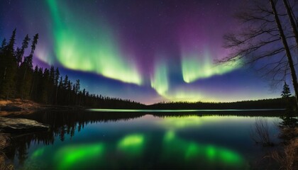 Enchanting aurora borealis illuminating the sky over a lake, with dense forest scenery in the distance