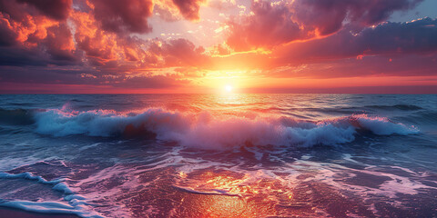 Wall Mural - Majestic sunset at sea with water wave rolling