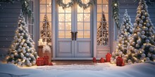 Decorated Porch With A White Door And Christmas Trees. Spruce Garlands Around The Door. Lovely Winter Terrace With Retro Light Bulb Garlands.