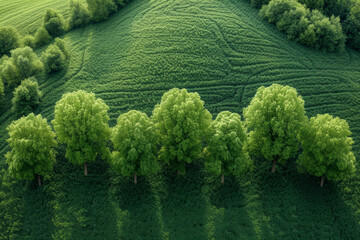 Wall Mural - An aerial view of a perfectly aligned row of trees in a geometric pattern, creating a harmonious balance within a natural landscape. Concept of geometric precision in nature. Generative Ai.