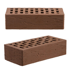 Brown ceramic brick is isolated on a white background. Decorative pattern is old cracks.