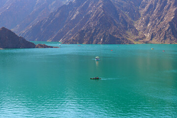 Wall Mural - beautiful landscape view of Hatta dam lake and Hajar mountain in the Dubai, United Arab Emirates