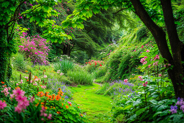 Green verdant lush grassy flower garden, empty background, spring season