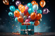Vibrant balloons bursting forth from a plain box, symbolizing the joyous surprise hidden within. Generative Ai.