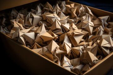 Sticker - A plain cardboard box unveiling a collection of intricately crafted origami, surprising with the artistry hidden within simplicity. Generative Ai.