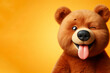 Funny bear winking and sticking out tongue with copy space for text on solid color bright background. ai generative