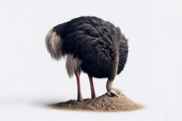 side view ostrich hid its head in the sand isolated on solid white background. ai generative