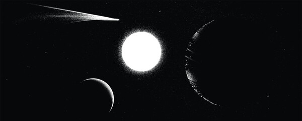 comet and planet in space. futuristic landscape, with noise texture . night landscape with starry sk