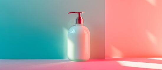 Poster - Creamy bottle, hair shampoo, shower gel, colored backdrop, studio light, human body's beauty and youth.