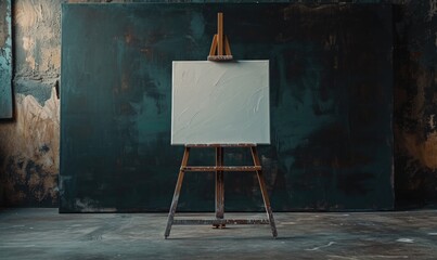 Wall Mural - Wooden easel with blank canvas standing near black wall, mockup