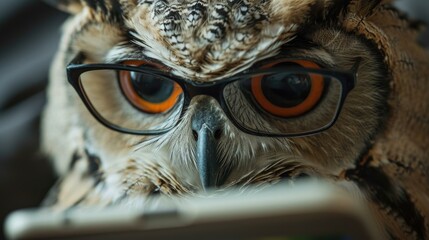 Poster - An owl wearing glasses and looking at a cell phone. Generative AI.