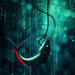 Sticker - Cyber Phishing Concept Illustration with Hook and Binary Code