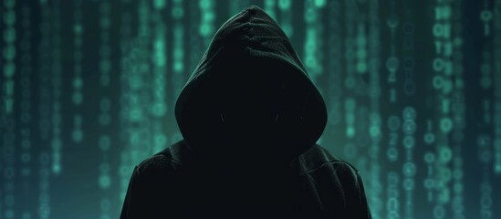 Sticker - Silhouetted male hacker in hoodie with animated computer code backdrop.