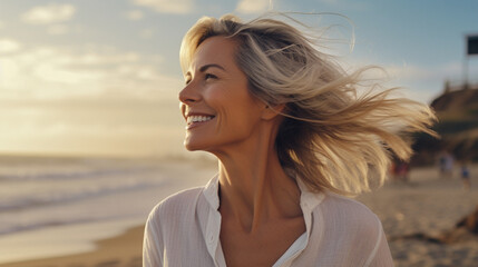 Wall Mural - portrait of a happy smiling mature woman with loose hair in the wind on the beach