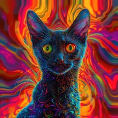  Psychedelic Black Cat Portrait, Pet Marketing Concept, Animal Photo, Feline Backdrop, Veterinary Advertising Background