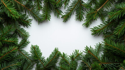 Poster - Fresh green pine needles creating a border on a white background.