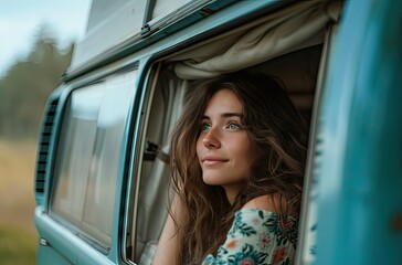 A portrait of a reflective young woman looking out from the passenger side of a classic van.