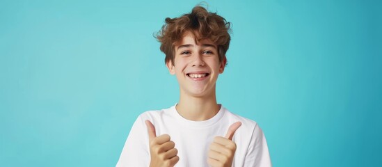 Canvas Print - A stylish teenager in a cool t-shirt expresses his approval and happiness on a blue background.