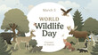 World Wildlife Day concept with wild animals and trees. Modern flat vector illustration. Banner template, frame in earthy tones with text on white.