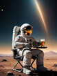 Photo Of An Astronaut Sits On A Chair And Basks Under The Rays Of A Bright Star While Drinking Beer On An Alien Planet, The Concept Of Travel And Lifestyle Of An Astronaut On Another Planet, Art.