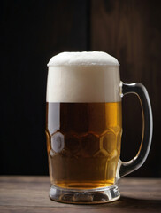 Photo Of A Glass Of Fresh And Cold Beer, Foam At The Top, Wood Table, On Dark Background.