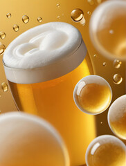 Photo Of Yellow Horizontal Beer Foam Background Illustration, Beer Foam Background With Realistic Bubbles Menu Design, Banners And Flyers.