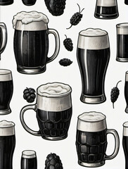 Photo Of Set Of Black Beer Icon, Hand Drawing Illustration, Isolated, White Background.