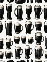 Photo Of Set Of Black Beer Icon, Hand Drawing Illustration, Isolated, White Background.