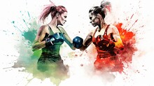Watercolor Illustration Of Two Female Boxers Facing Off In The Ring. Concept Of Women's Boxing, The Intensity Of The Sport, And Aquarelle Artistry.