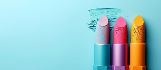 Wall Mural - Colorful pastel lipstick displayed on a blue background, featuring shades of cute tones in a professional makeup palette for a beautiful and mesmerizing lipgloss concept.