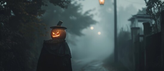 Poster - In a misty street, a person with a pumpkin on their head carries a jack o' lantern.