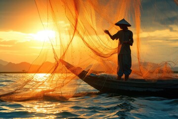 Wall Mural - Fisherman putting the fishing net into the water. He is standing on his boat. Sun in back. 