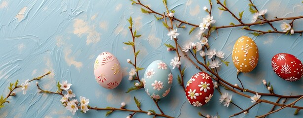 Wall Mural - Easter eggs painted in pastel colors with spring flowers on a blue background