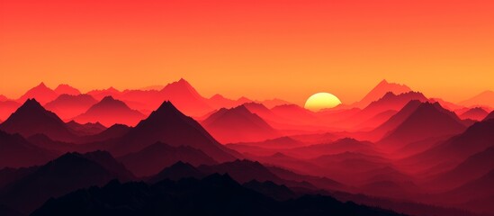 Canvas Print - Mountains casting silhouettes against a vibrant red sunset sky.