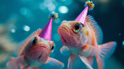 tropical fishes celebrating a birthday in the sea. Happy birthday card. Advertisement for pet shop. Generative AI