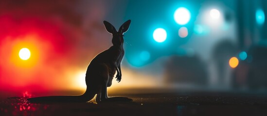 Wall Mural - Colorful backlight illuminates a miniature kangaroo silhouette as a creative table decoration in a foggy night, with selective focus.