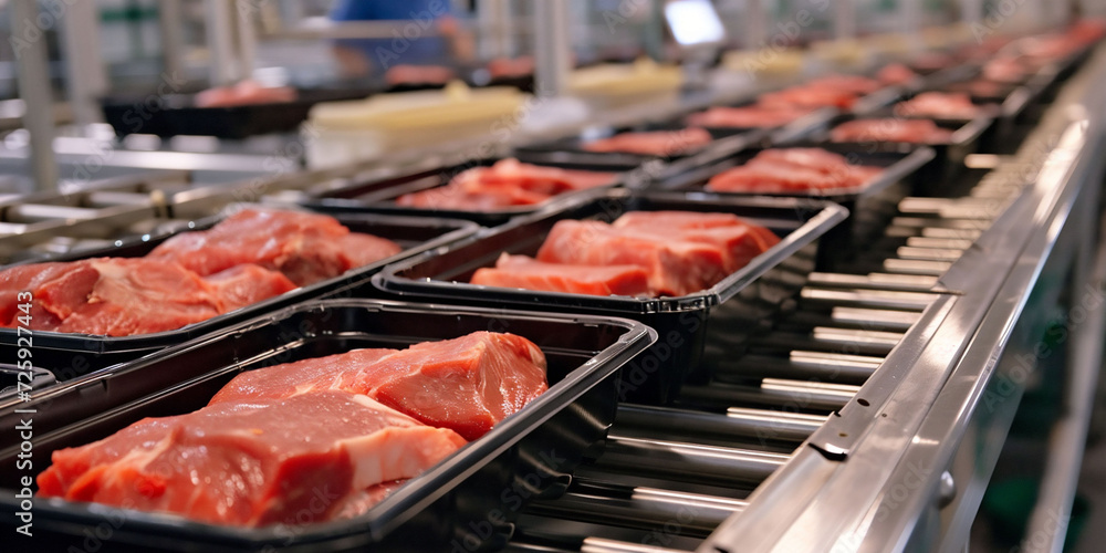 Trays of red meat progress through an automated processing line, inside ...
