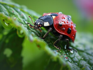 Wall Mural - A crimson ladybug explores a vibrant leaf in a garden, basking in the sun's warm rays. Nature's beauty comes to life in this macro photo. Generative AI.