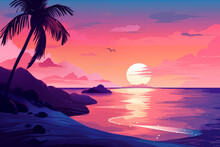 Beach And Palm Tree On Rocky Island At Sunset With Clouds; Mysterious Romantic Coastal Tropical Dusk Pink & Orange & Purple & Blue Gradient Nature Landscape Background