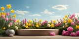 Fototapeta  - Product podium for product presentation and display with garden summer and spring flowers, floral summer background podium for cosmetic, with nature in the background. Generating AI