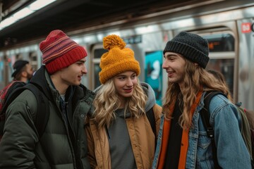 Wall Mural - Three friends talk while waiting for the subway. Wintertime