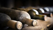 Alte verstaubte Weinflaschen liegen in einem Regal