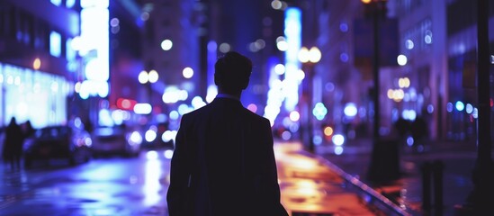 A suited person strolling downtown, admiring urban buildings and streetlights at night.