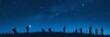 Gradients and color transitions creating a banner of a summer night sky, with detailed, realistic silhouettes of people stargazing.