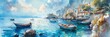 Watercolor banner of a Mediterranean coastal scene, with detailed boats, docks, and a fluid, dreamy sea transitioning into the sky.
