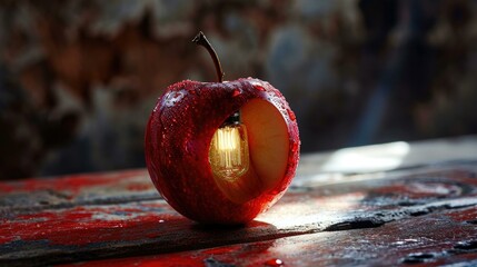 Poster - A red apple with a light bulb inside. Generative AI.